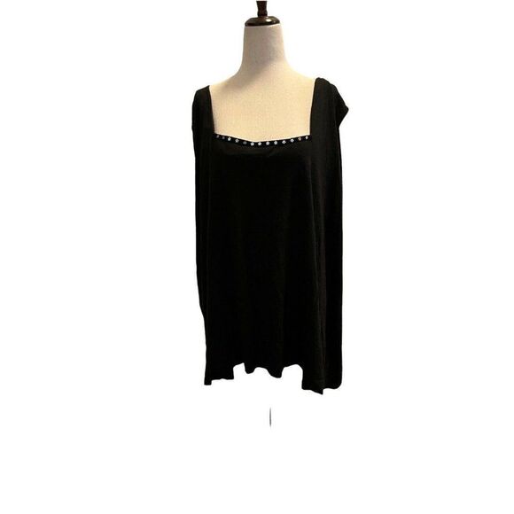 ULLA POPKEN Plus 32/34 Knit Top Black Embellished Square Neck Sleeveless Relaxed - Picture 1 of 7